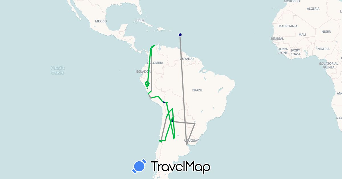 TravelMap itinerary: driving, bus, plane, hiking, boat in Argentina, Bolivia, Chile, Colombia, France, Peru (Europe, South America)